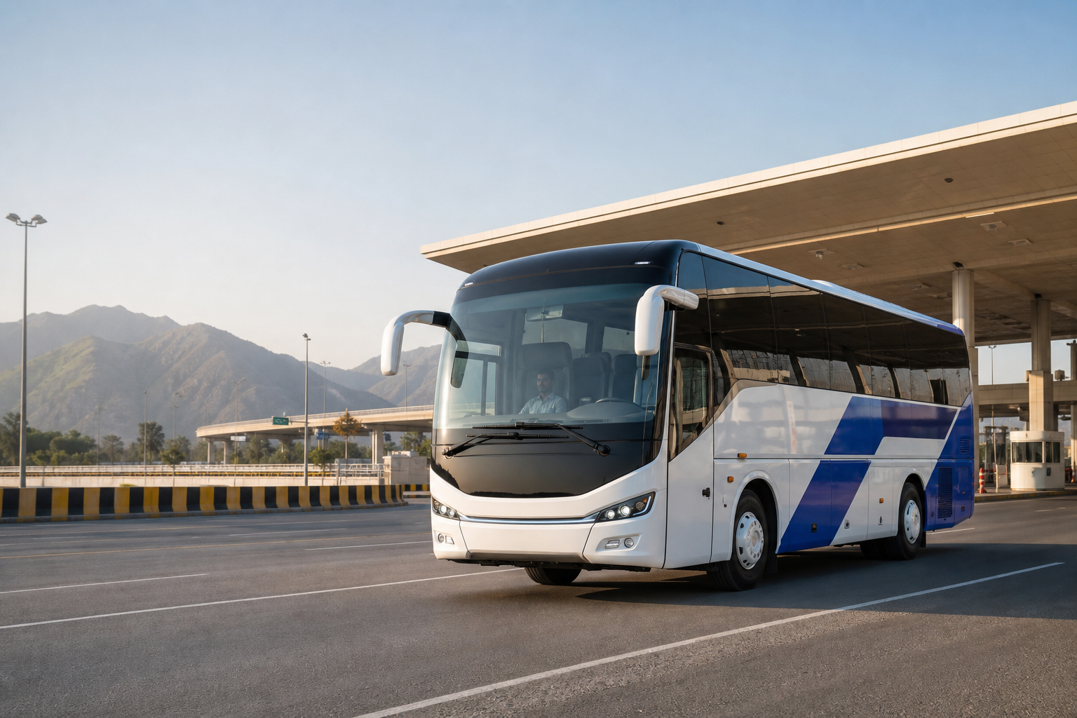Modern premium intercity coach at a contemporary transport terminal