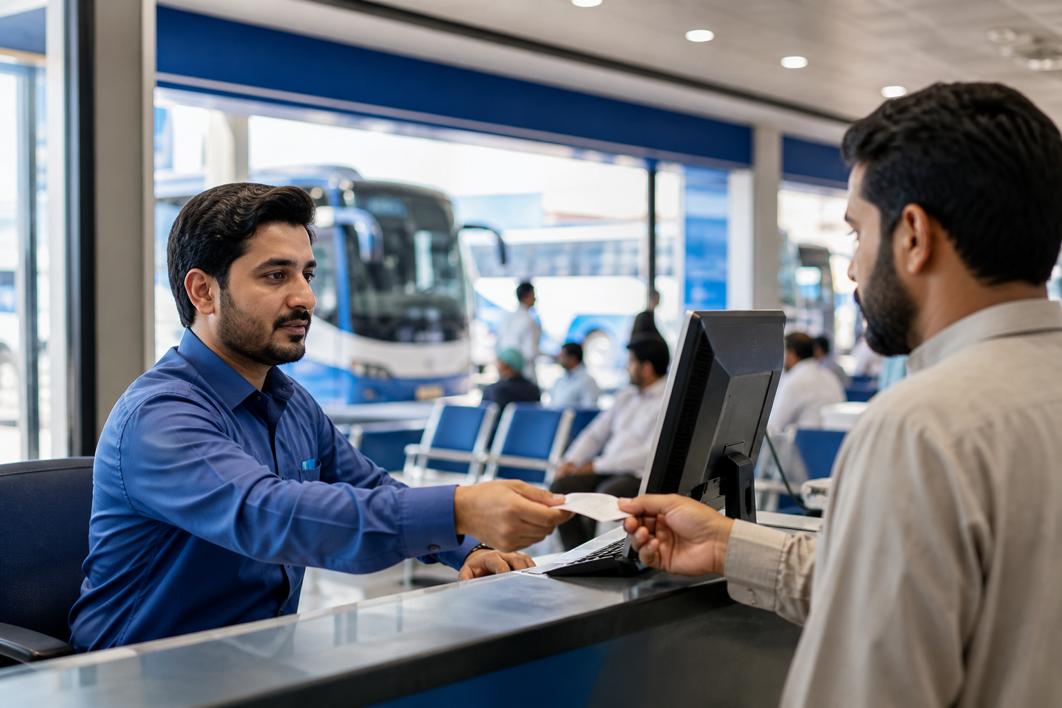 Booking agent serving a passenger at a transport terminal counter