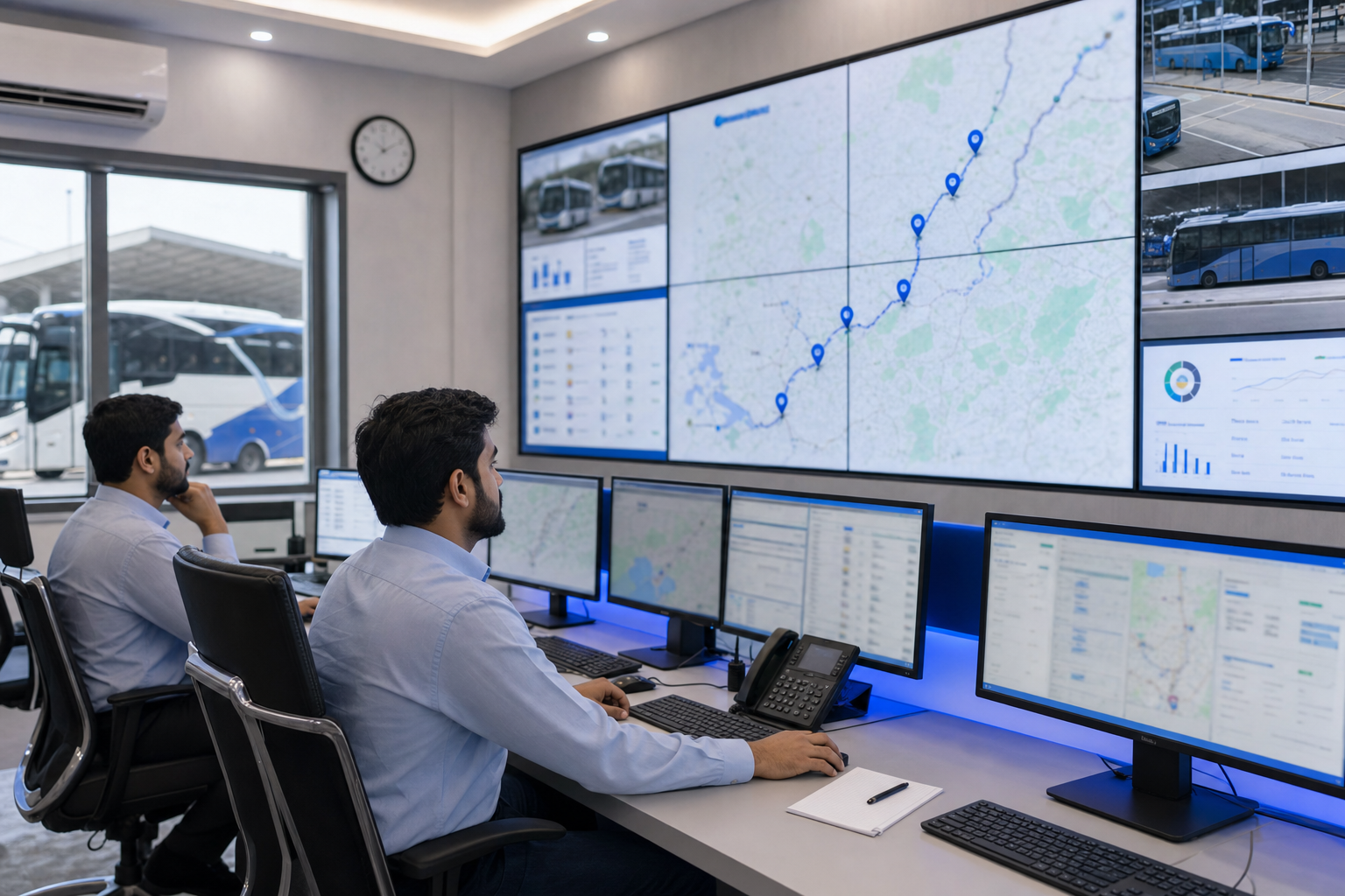 Transport operations staff monitoring live fleet routes