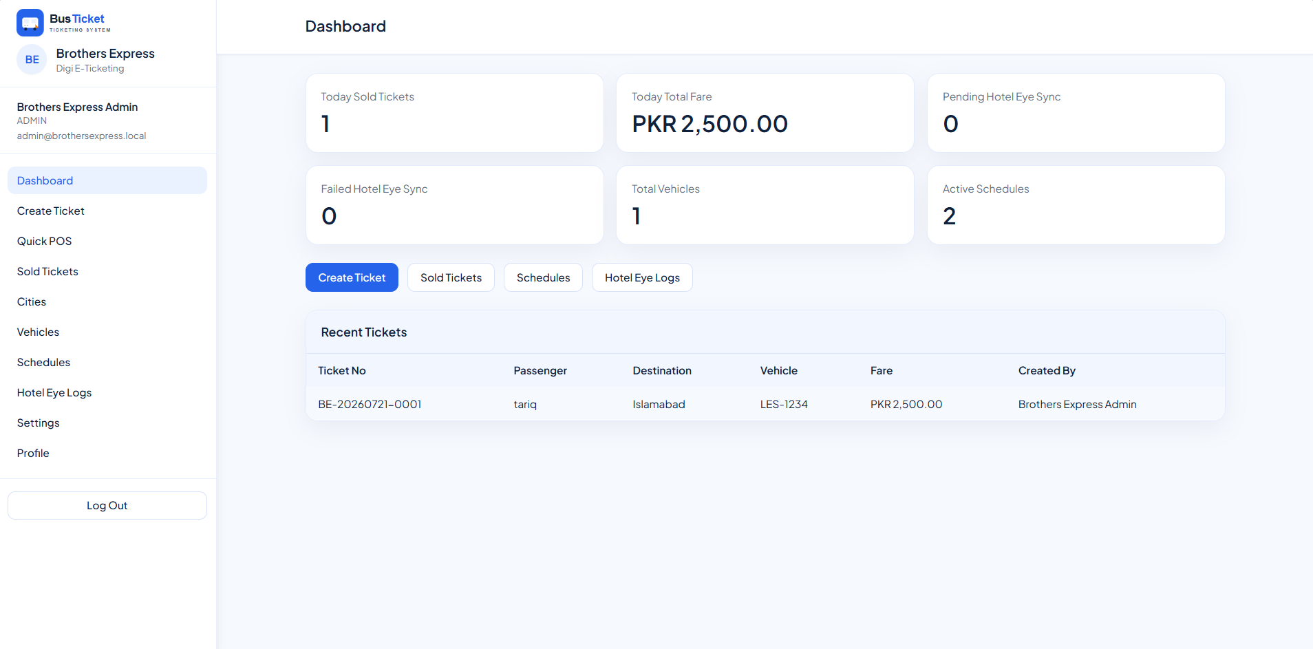 Transport management dashboard showing bookings, routes, fleet and revenue