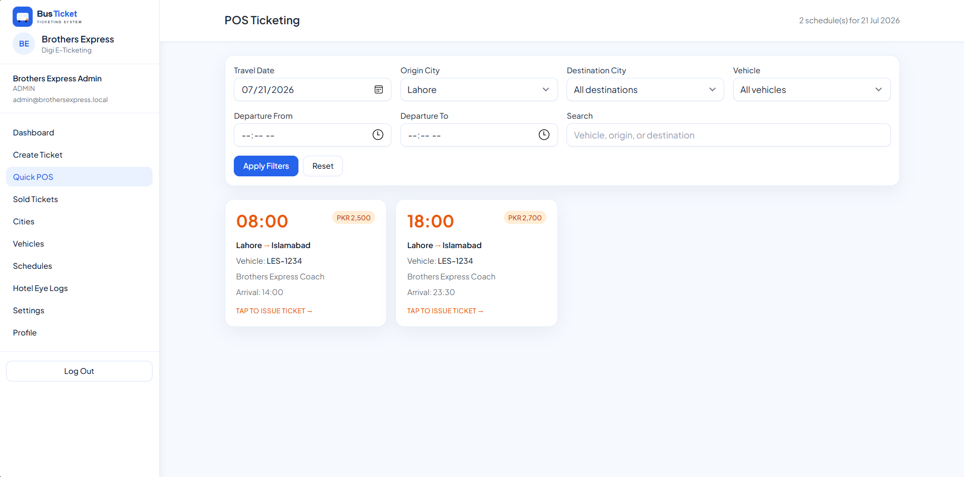 Centralized booking and ticketing screen