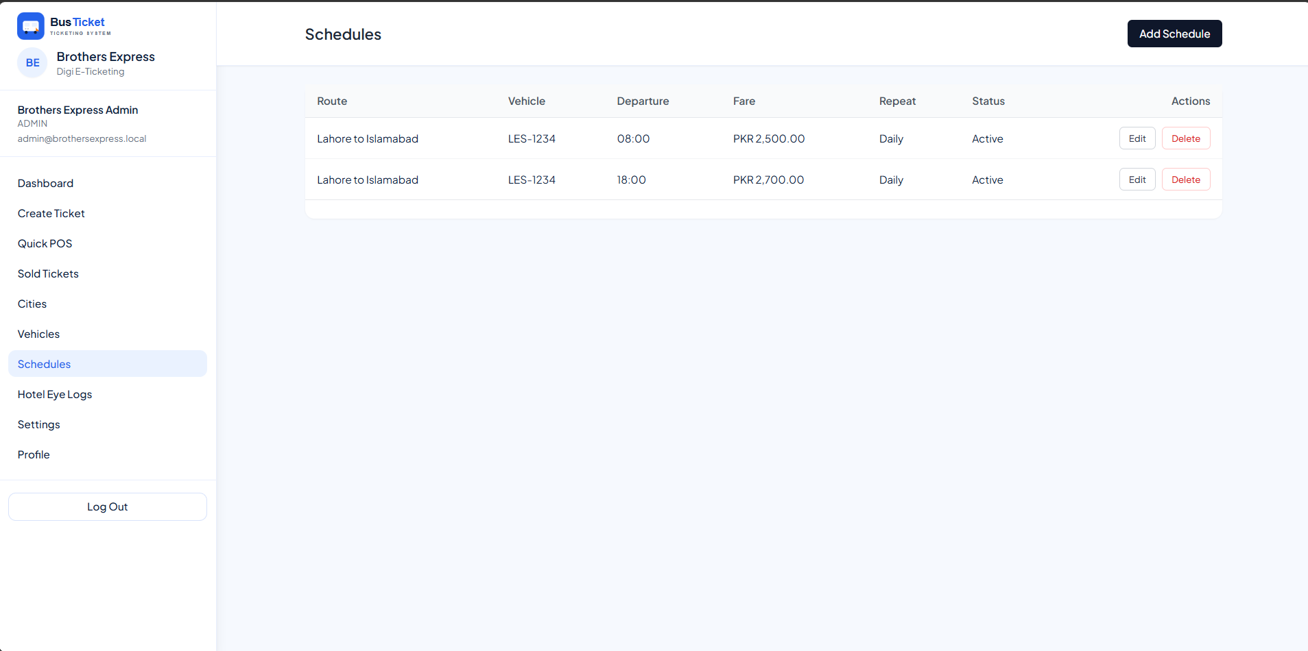 Route and schedule management screen