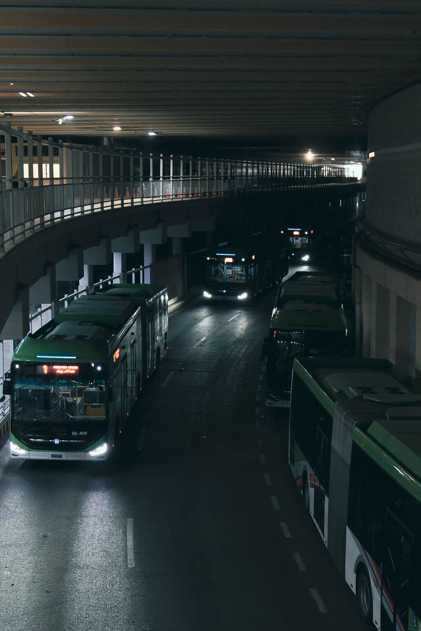 Intercity coaches at a bus terminal in Karachi, Pakistan